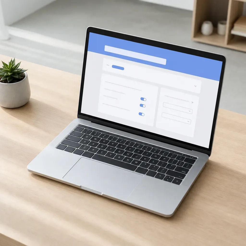 A laptop on a wooden desk beside a small potted succulent, its screen displaying an abstract settings interface with toggle switches and dropdown menus