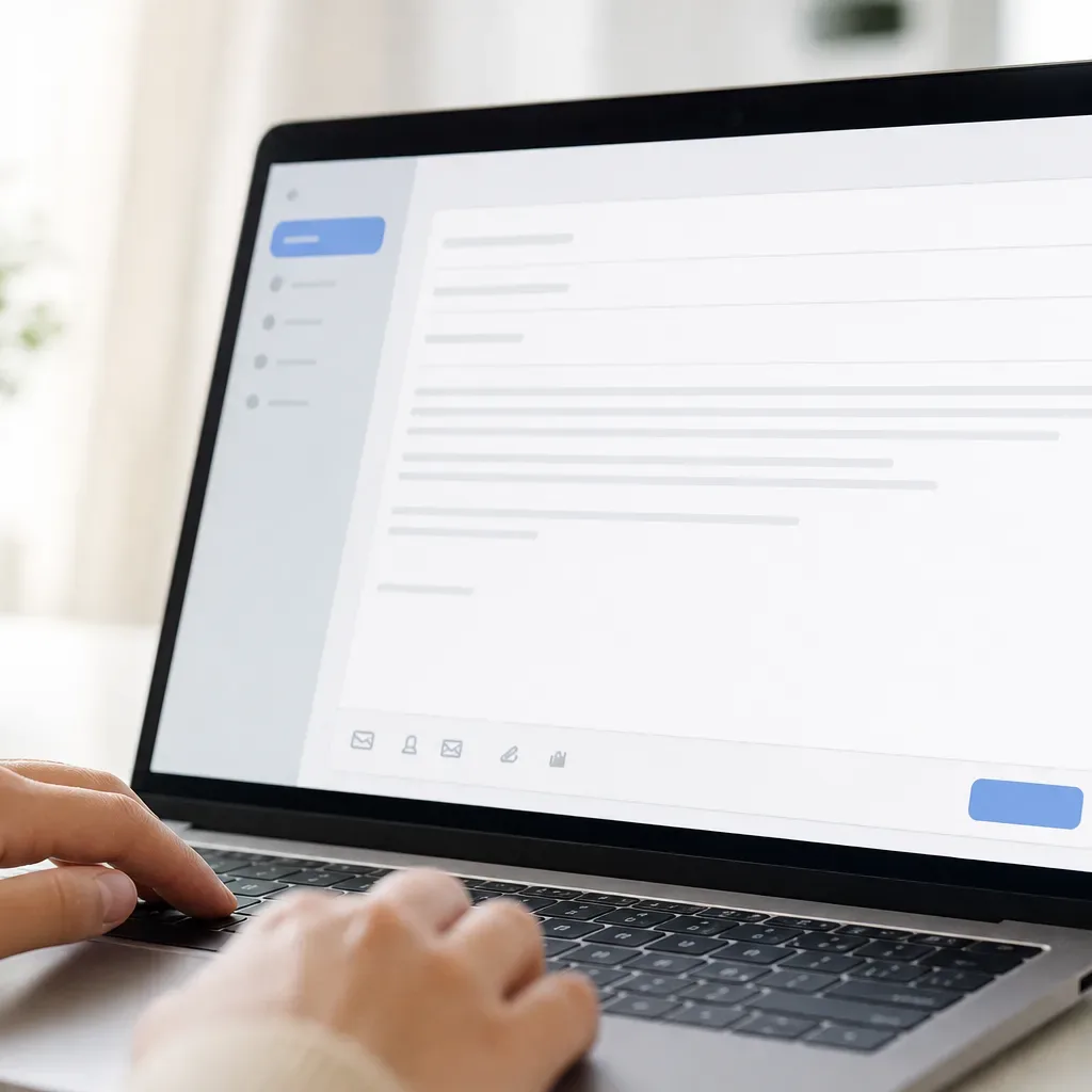 A person types on a laptop at a desk, its screen showing an abstract email interface, with a plant and mug visible nearby