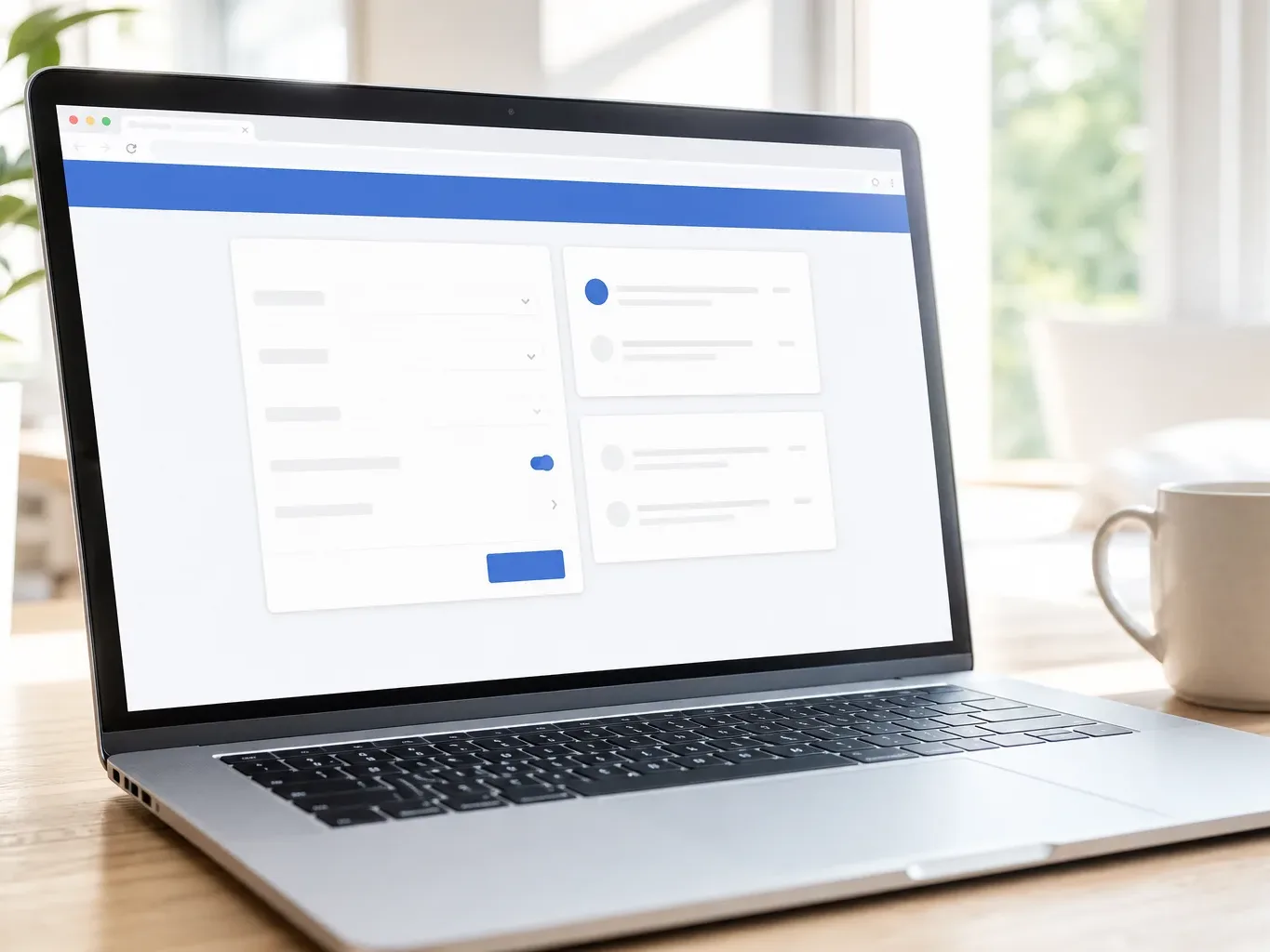 A laptop on a wooden desk beside a white mug displays an abstract web interface with blue accents in a bright interior workspace