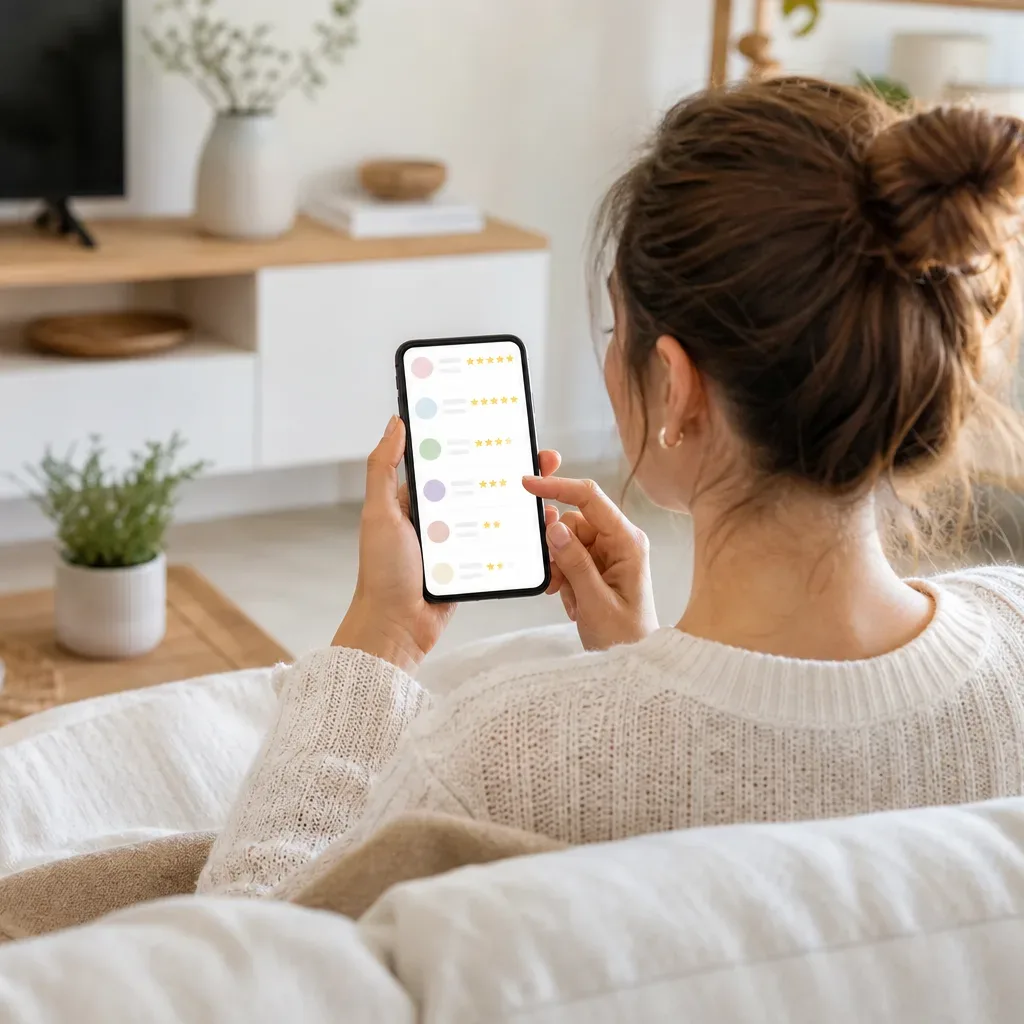 A person sitting on a sofa scrolls through a phone screen displaying rows of star ratings in a bright, modern living room