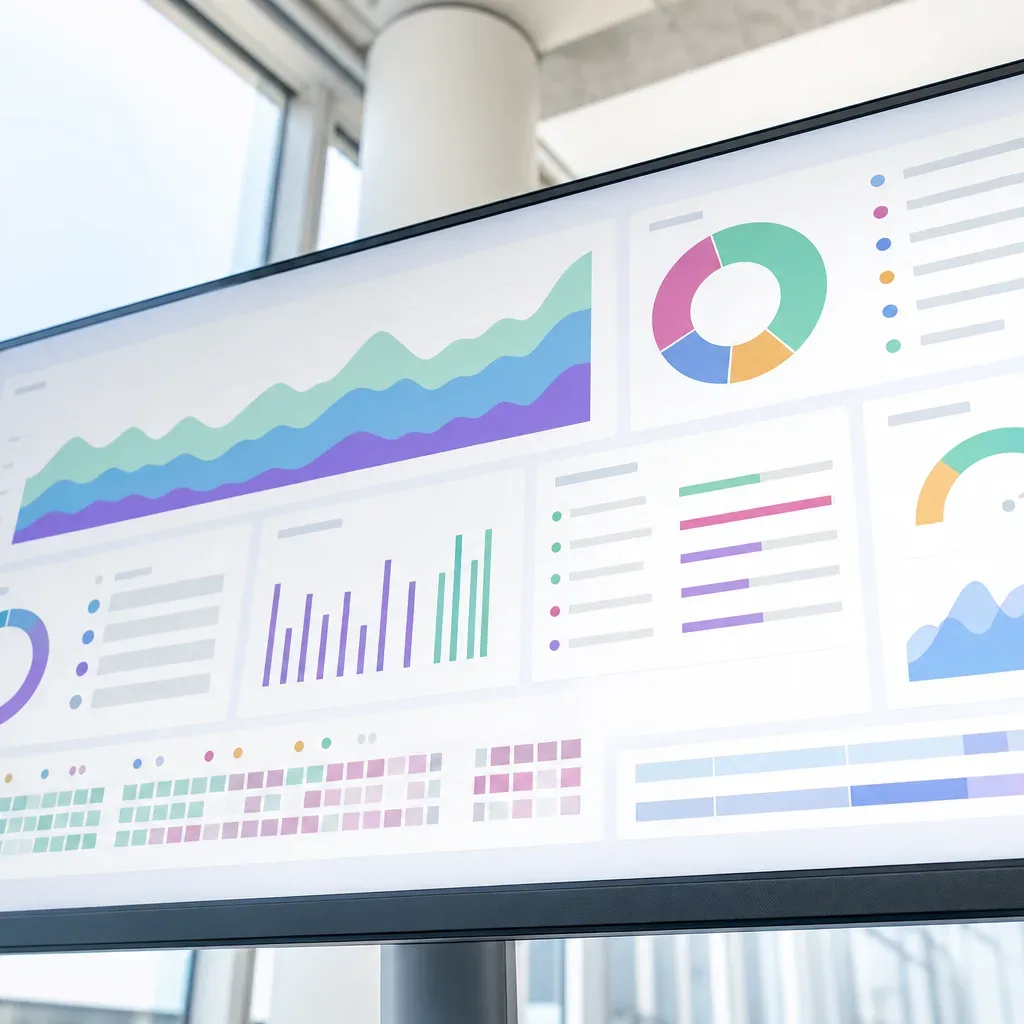 A monitor on a stand displays a colourful analytics dashboard featuring area charts, bar charts, donut charts, a gauge, and a heatmap grid