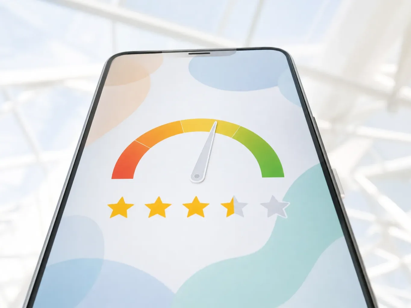 A smartphone screen viewed from a low angle shows a colour gauge with a needle and a row of star ratings on an abstract patterned background