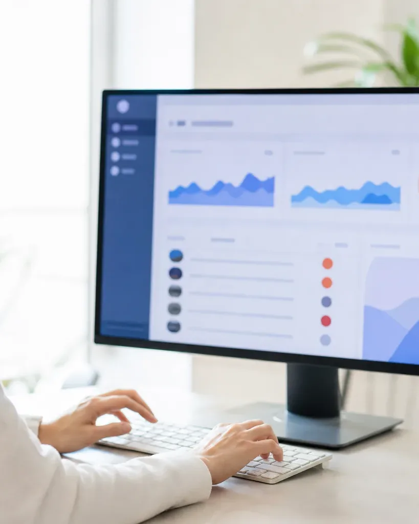 A person in a white top types at a keyboard in front of a large monitor displaying a data dashboard with charts and graphs