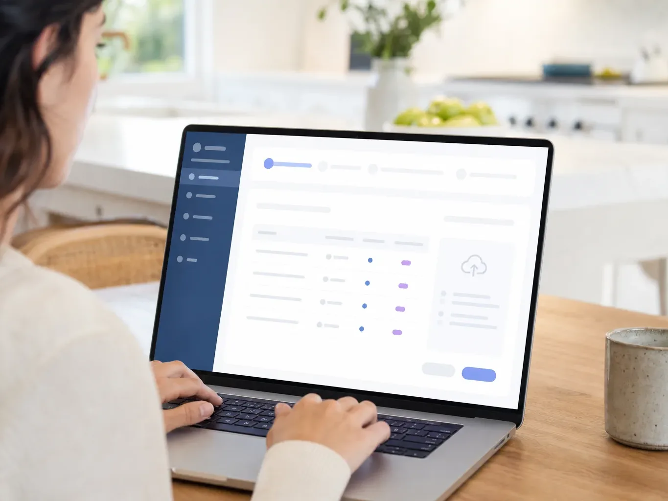 A person uses a laptop at a kitchen table, its screen displaying an abstract multi-step interface with a cloud upload icon