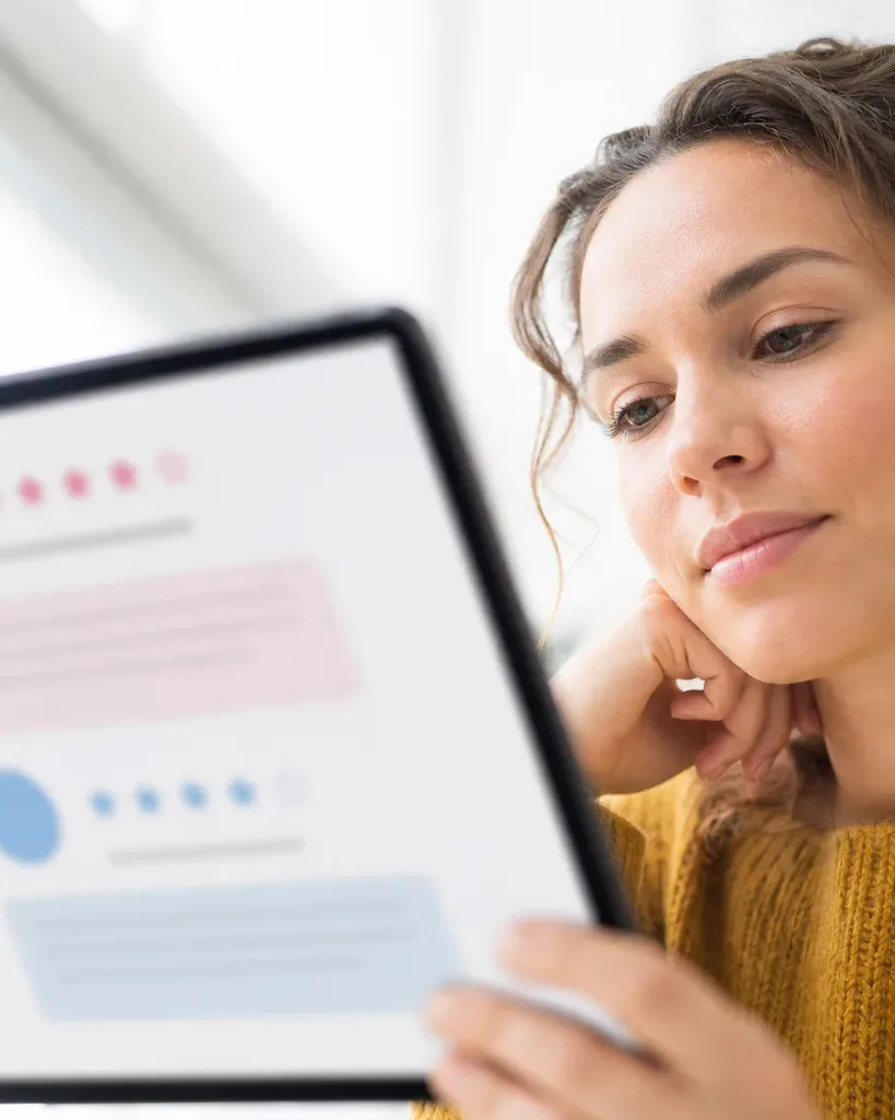 A person reclines indoors holding a tablet displaying an abstract review interface with coloured shapes and star ratings