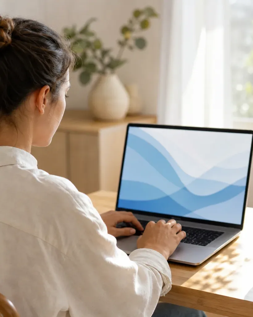 A person seen from behind sits at a wooden desk working on a laptop displaying an abstract blue wave design, with a mug and small plant nearby