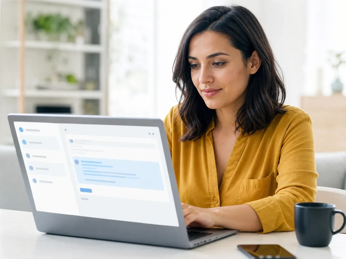 A person at a laptop at eye level in flat even lighting