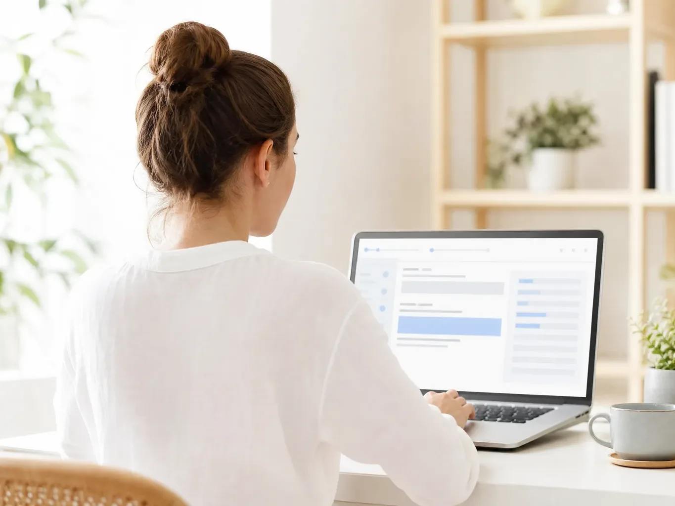 A person seen from behind works at a laptop at a tidy home desk, with a mug nearby and shelving with plants in the background