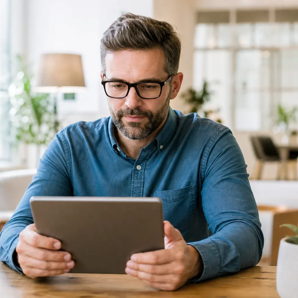 A business owner at a tablet at eye level in flat even lighting