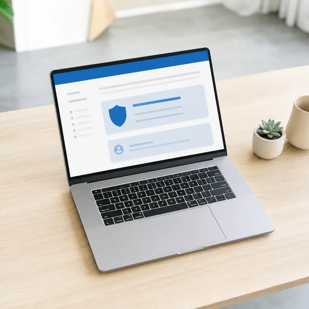 A laptop on a wooden desk displaying an abstract interface with a shield icon, beside a small succulent plant and a ceramic cup