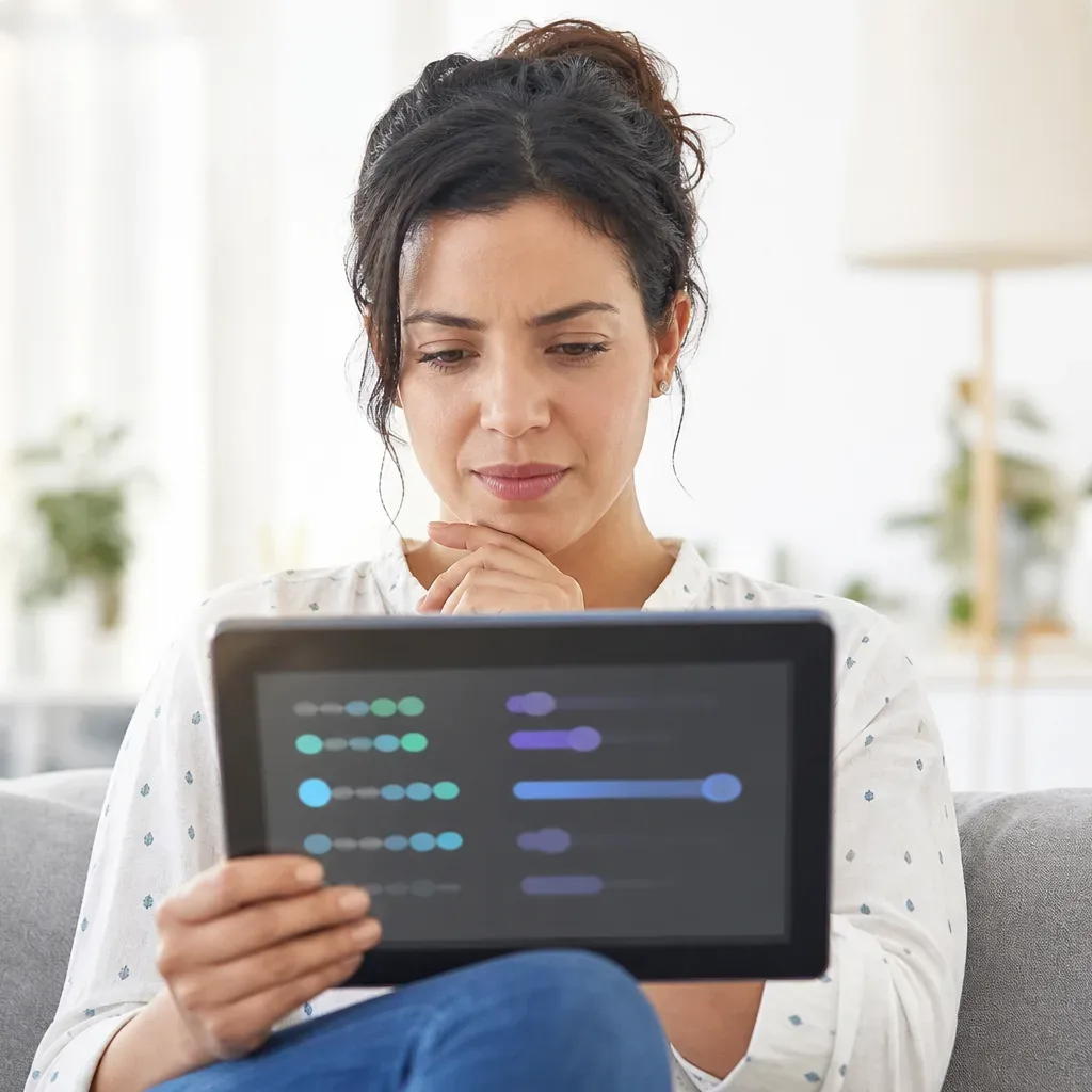 A person sits on a sofa holding a tablet displaying an abstract dark-themed interface with coloured indicators