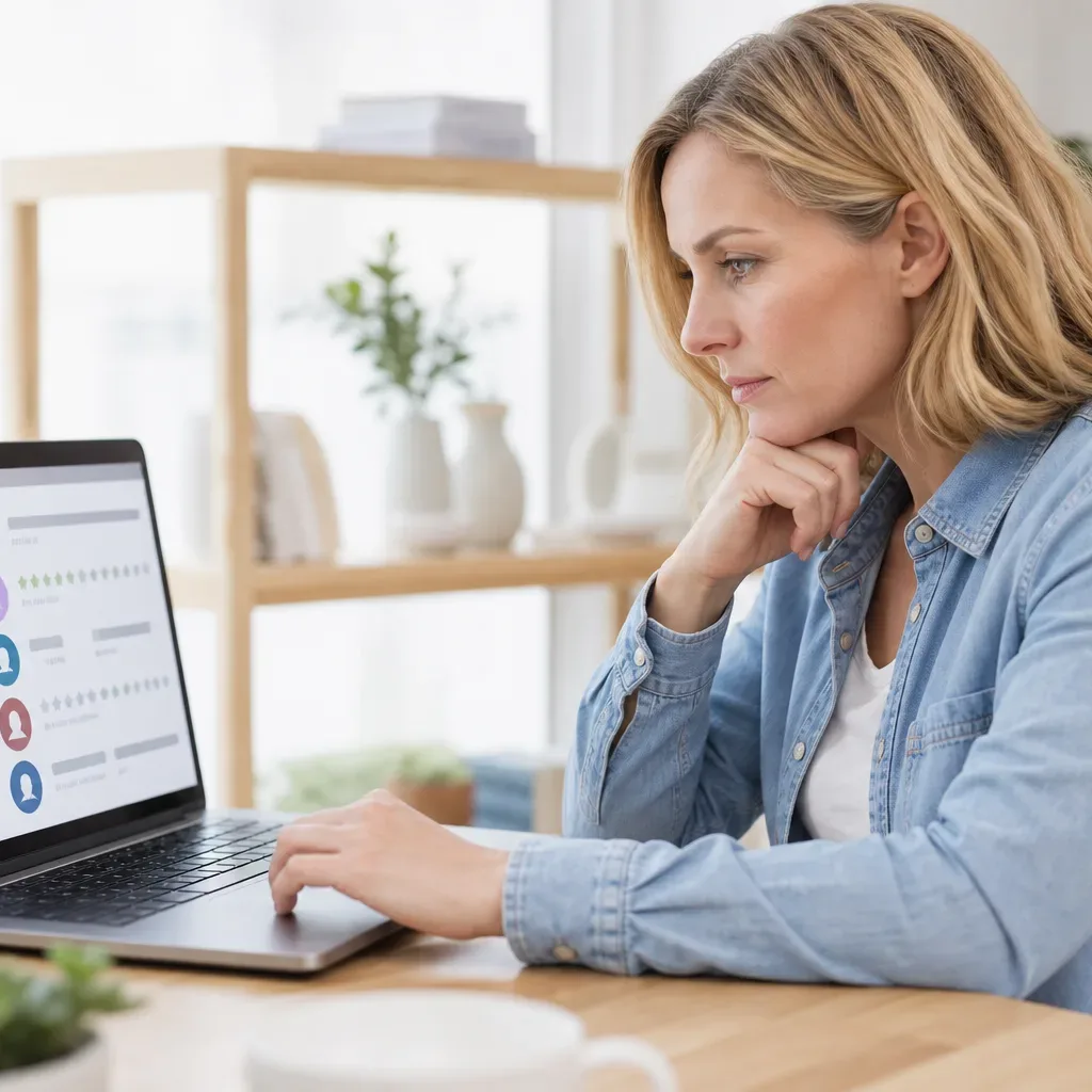 A person at a laptop at eye level in flat even lighting