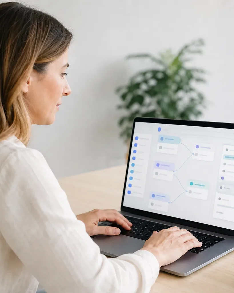 A person works at a laptop displaying an abstract flowchart-style interface, seated at a wooden desk in a softly lit home workspace with a mug nearby