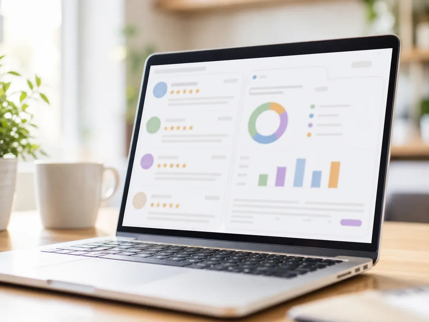 A laptop on a wooden desk displays a colourful dashboard with star ratings and charts, beside a white mug and a potted plant