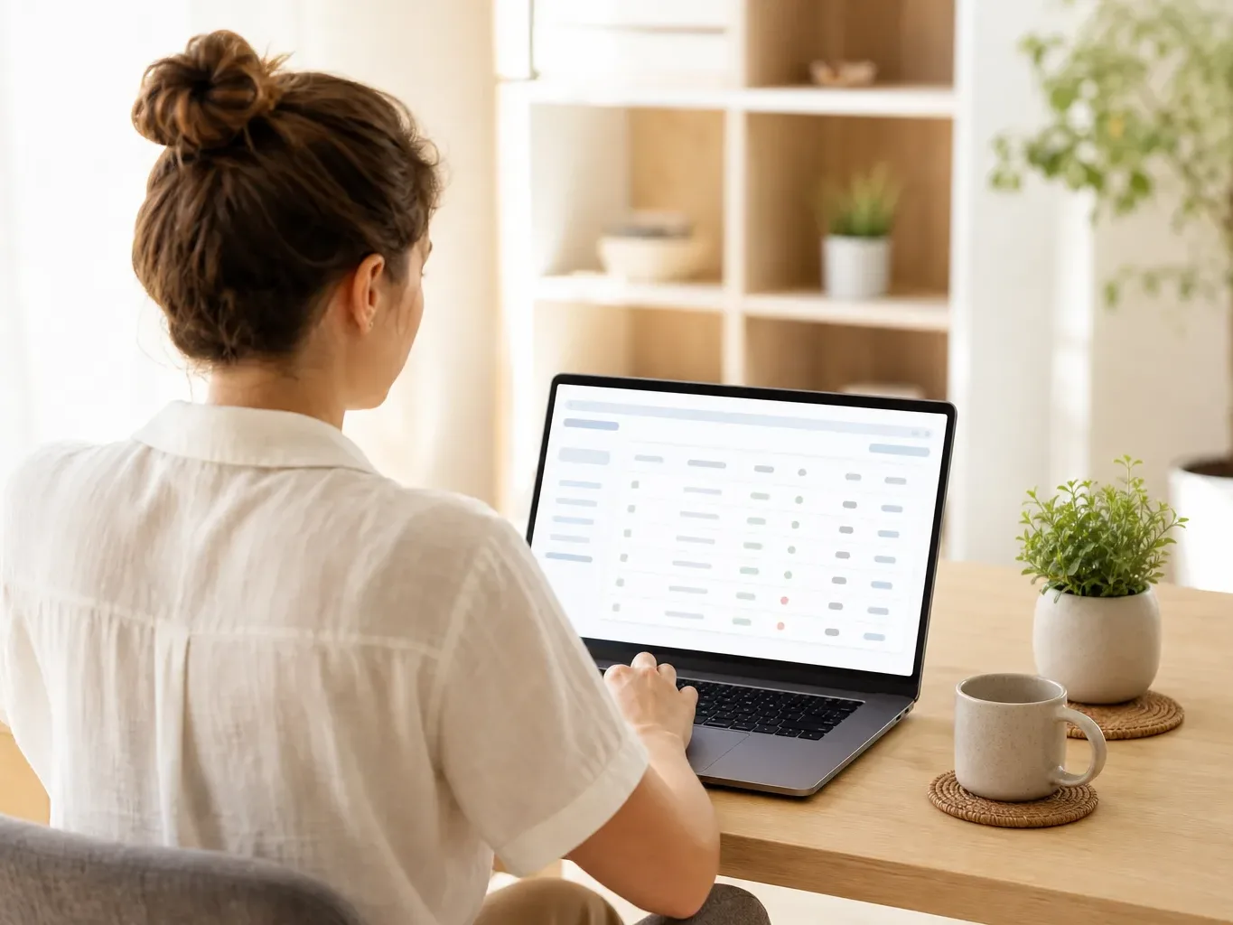 A person seen from behind sits at a wooden desk in a warmly lit home workspace, using a laptop displaying an abstract data table, with a mug and small potted plant nearby