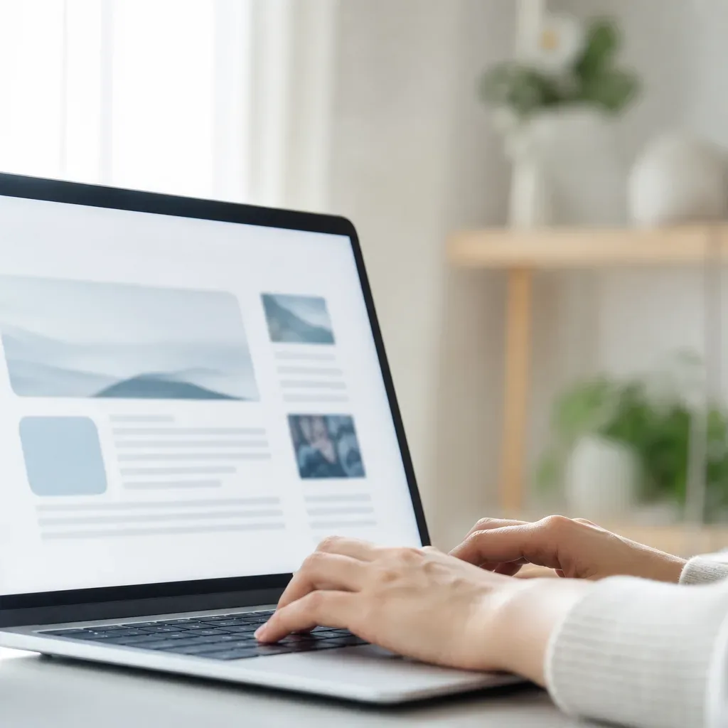 A person typing on a laptop displaying an abstract website layout, seated at a light-coloured desk in a bright home workspace