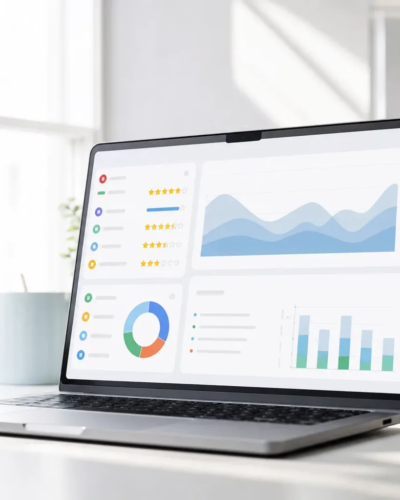 A laptop on a desk displays an analytics dashboard with star ratings, area charts, a donut chart and bar charts, beside two plants and a mug