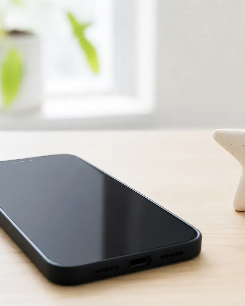 A black smartphone lies face-down on a light wooden desk beside a small white ceramic star ornament, with a potted plant on a windowsill in the background