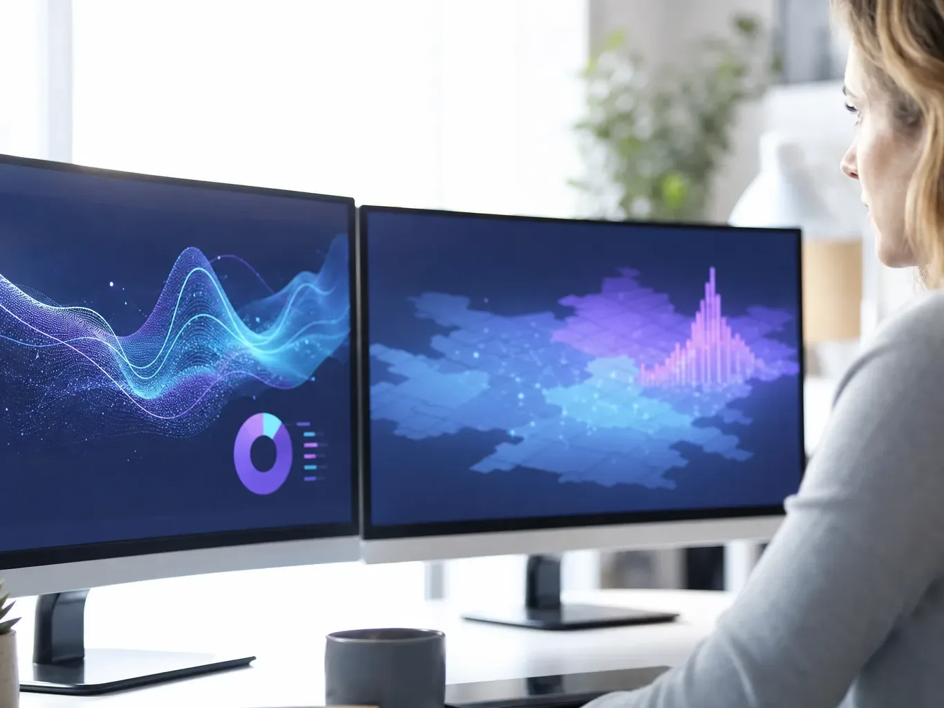 A person sits at a desk viewing two large monitors displaying abstract data visualisations in blue and purple