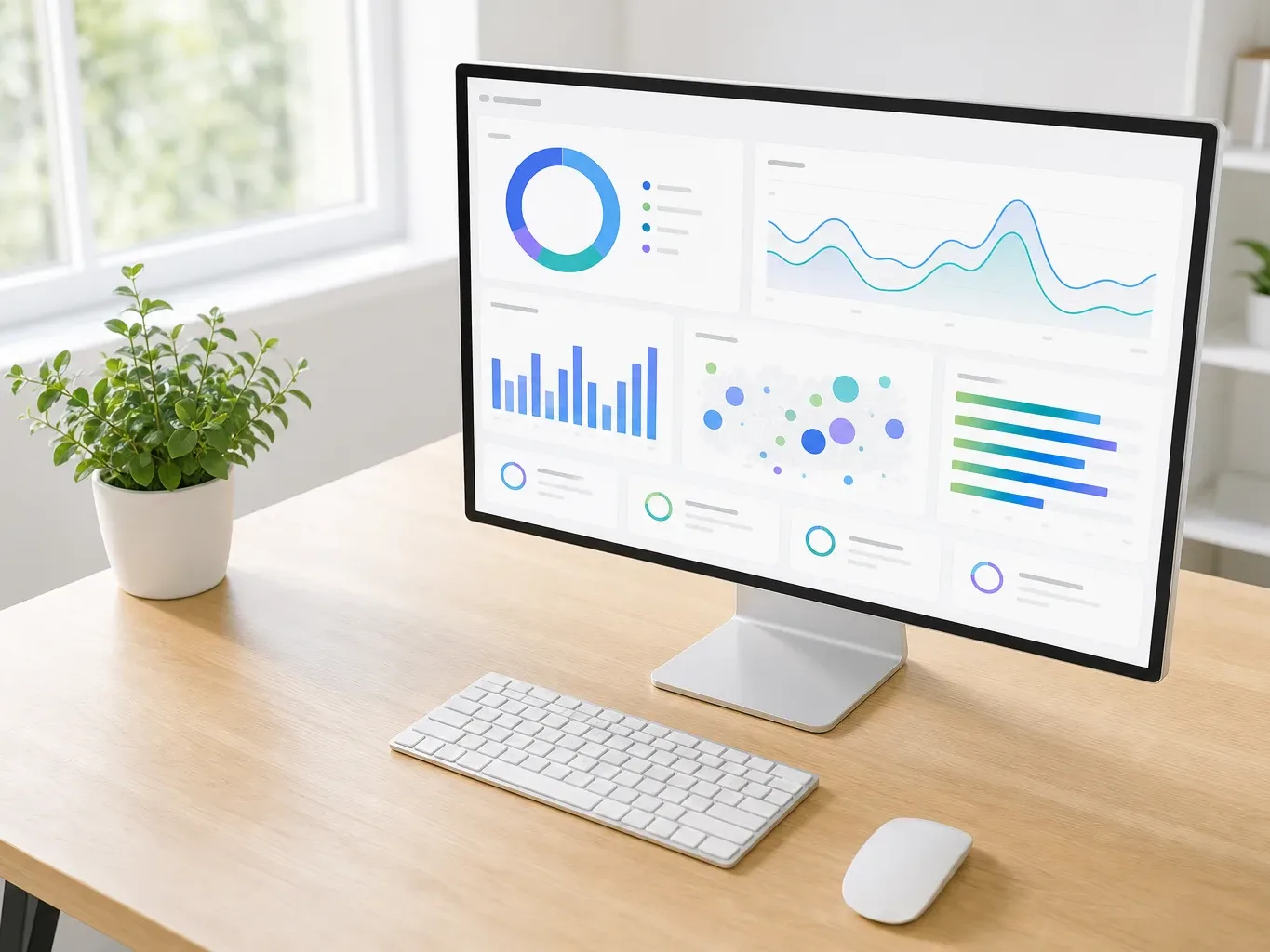 A monitor on a wooden desk displays a data dashboard with colourful charts and graphs, beside a white keyboard, mouse, and a potted plant