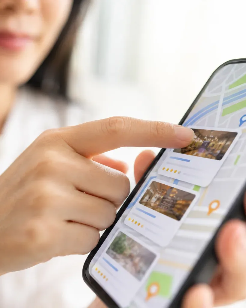 A person holds a smartphone and taps the screen, which displays a map with location pins and a list of venues with star ratings