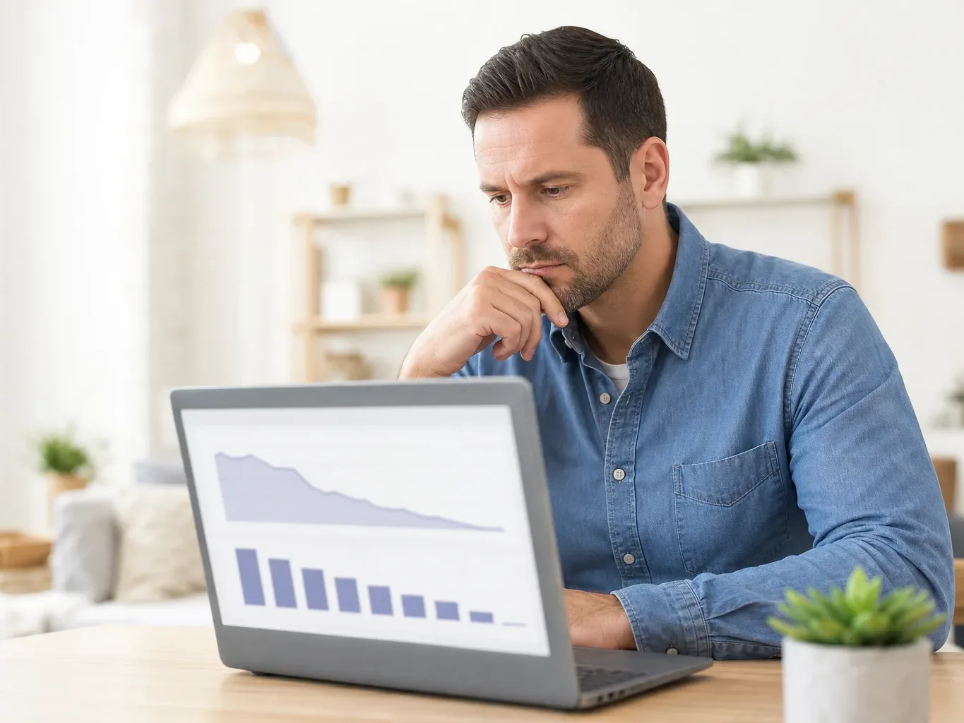 A business owner at a laptop at eye level in flat even lighting