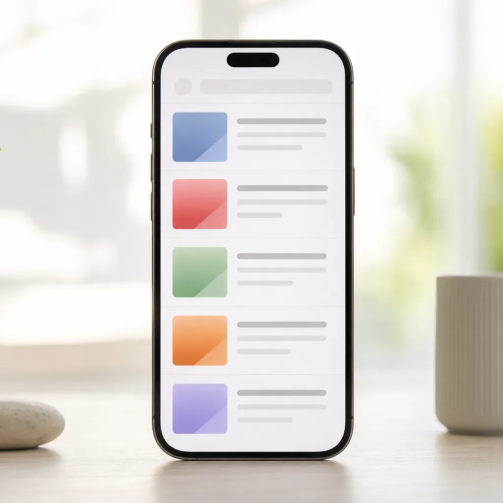 A smartphone propped upright on a desk displays a list of coloured square icons beside abstract grey text lines, with a plant and small objects softly blurred in the background