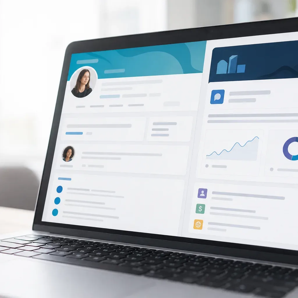 A laptop on a desk beside a white mug displays a split dashboard interface with profile portraits, charts and coloured icons