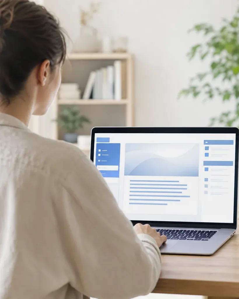 A person seen from behind works at a laptop displaying a blue-and-white dashboard interface, seated at a wooden desk with a mug and small plant nearby, in a bright home workspace
